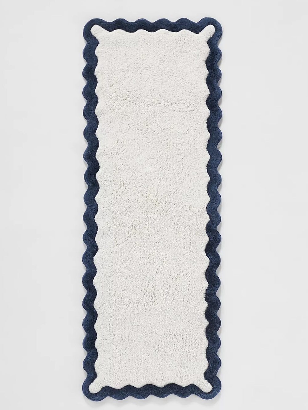 Anthropologie White Bath Runner with Navy Scalloped Edge